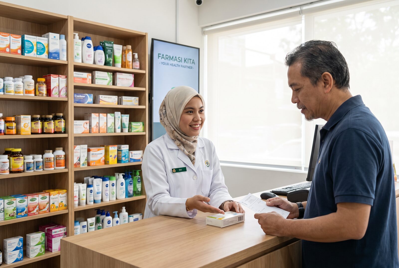 Pharmacist assisting a customer at Pharmedicare retail pharmacy counter
